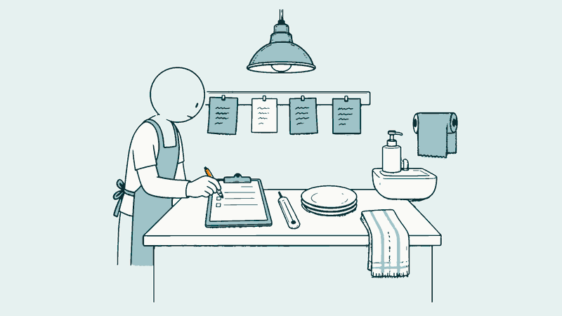 Drawing of a person in an apron ticking off a checklist on a clipboard in a kitchen.